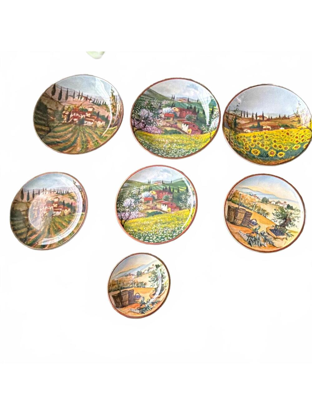 Set of 7 Round Ceramic Salad Plates Multicolor Landscape Scene Pattern
